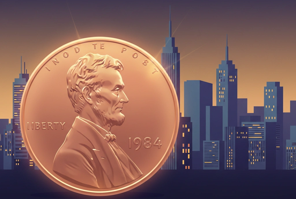 1984 penny enlarged against the city skyline of the 1980s