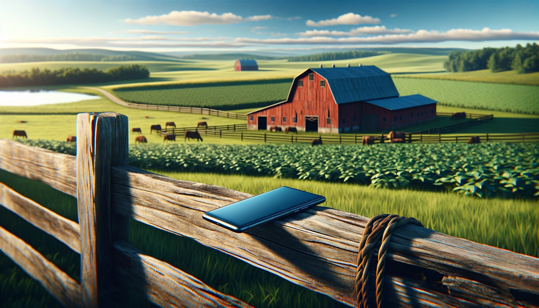 a serene farm landscape with expansive green fields and a traditional red barn, featuring a turned-off modern smartphone resting on a rustic wooden fence post.