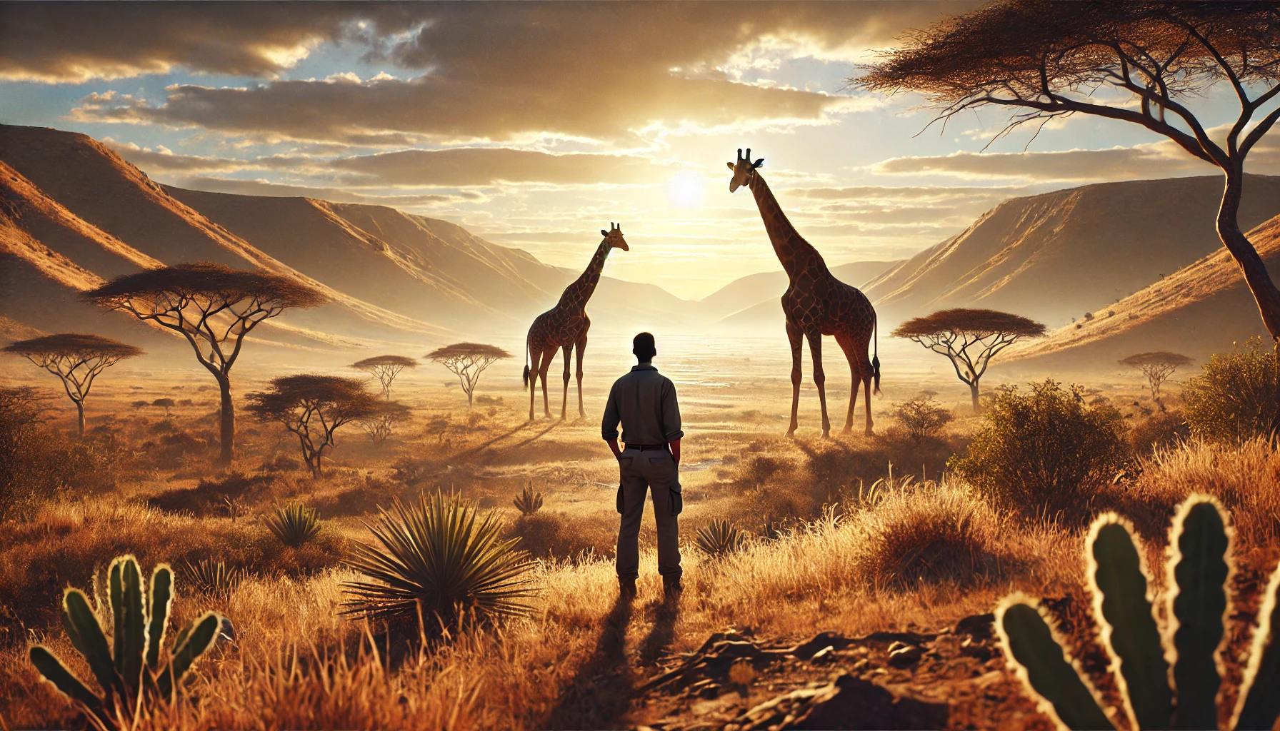 A person in safari attire stands in a Sub-Saharan landscape, watching two giraffes in the distance as the warm sunlight casts long shadows over the dry grasslands.