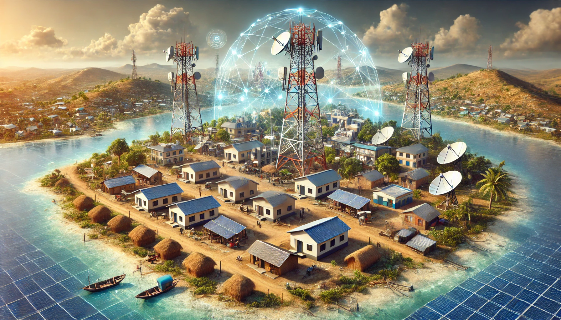 a rural African area with newly installed digital infrastructure, including mobile towers, satellite dishes, and IT services.