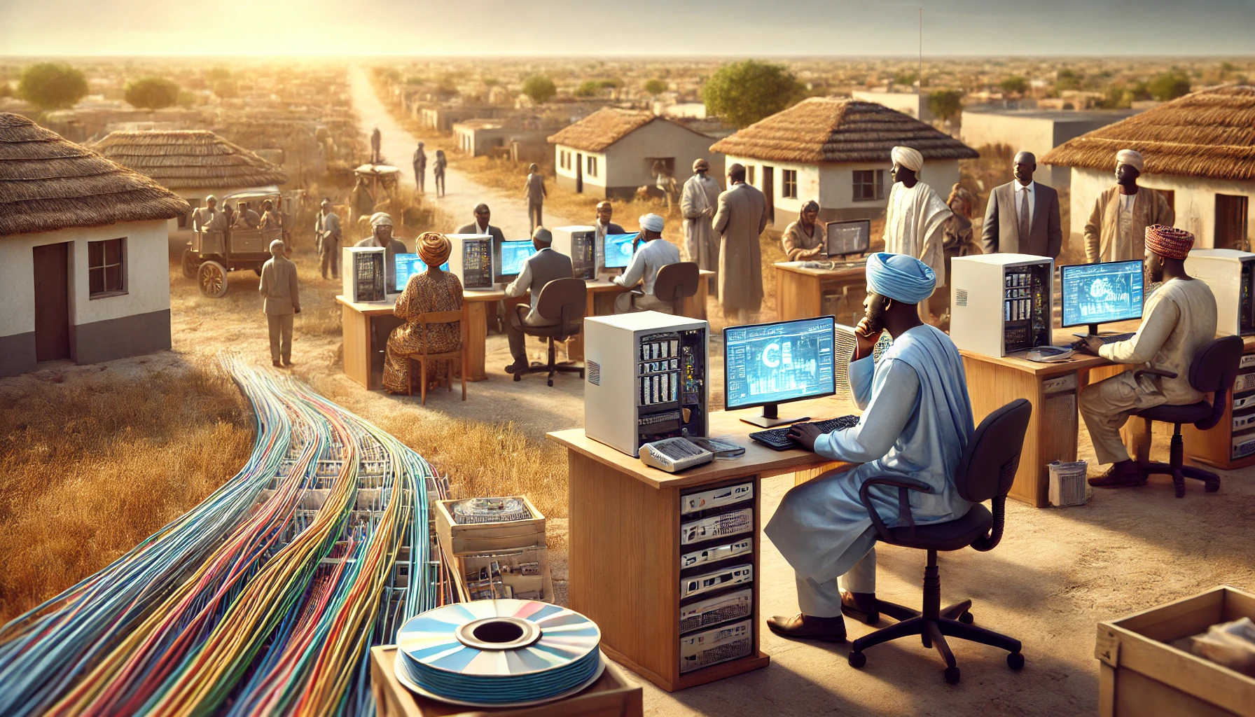 a rural government office in Sub-Saharan Africa, showcasing the use of modern IT equipment and services for public administration.