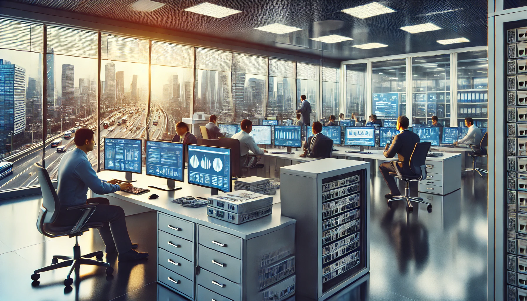 a public sector office in Sub-Saharan Africa, showing government officials utilizing high-quality IT equipment.