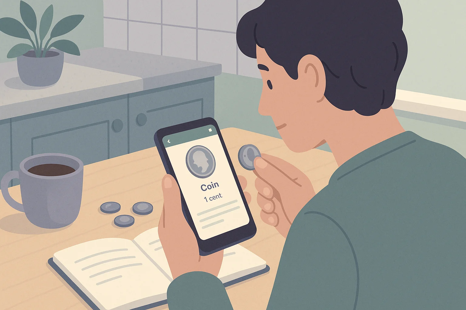 A user checks coin value via a smartphone app at the kitchen table.