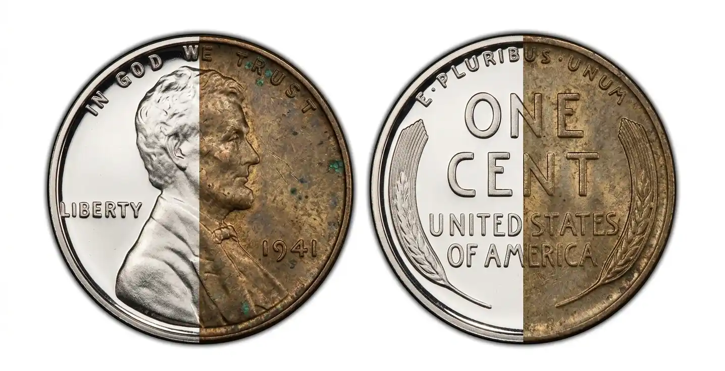 High-resolution image showing contrast between polished and aged 1941 wheat penny,